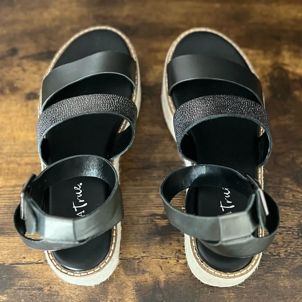 Diba True Day Line Leather Espadrille Sandal, Gunmetal Black, Size 7.5. New!